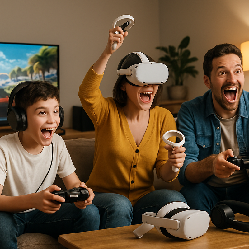 Familie geniet thuis van hybride gaming event met VR en game-accessoires