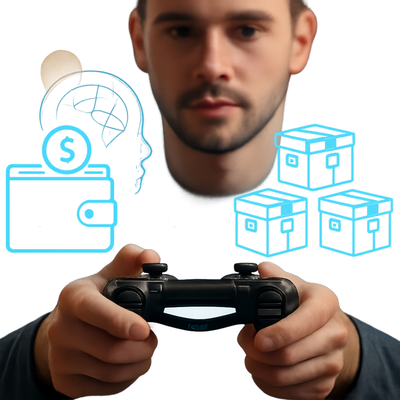 Gamer met controller en digitale wallet overlay met lootbox-iconen en AI-symbolen