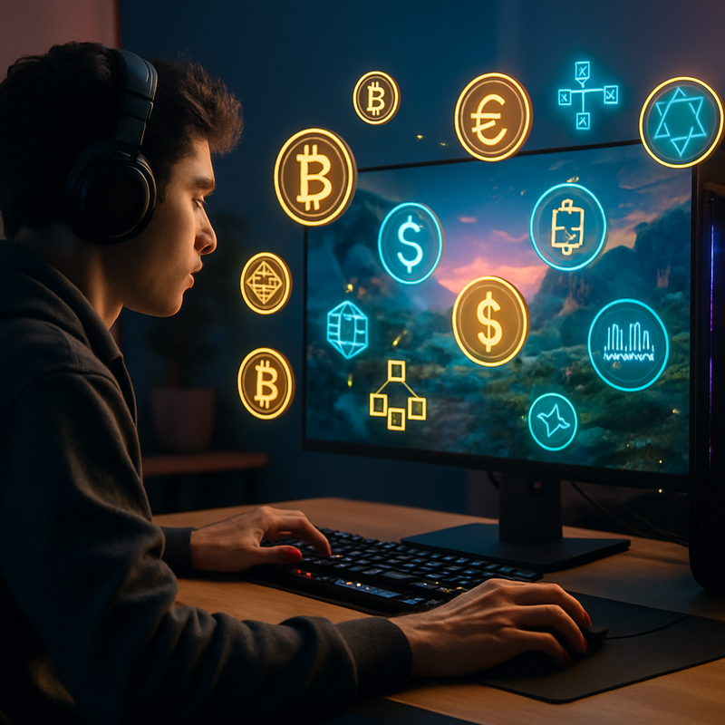 Gamer achter gaming-pc met digital tokens en blockchain symbolen op scherm