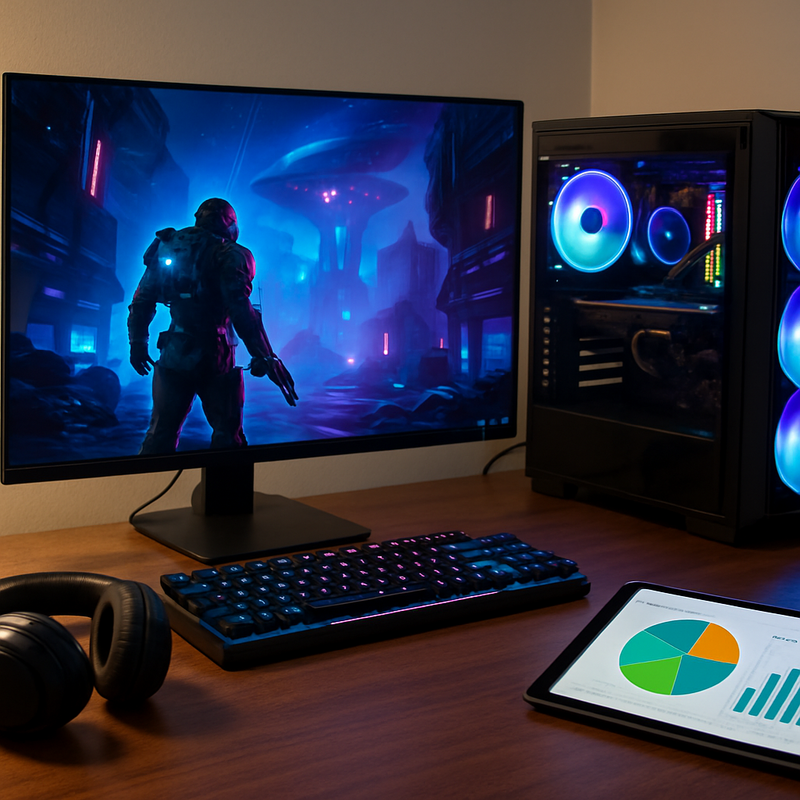 Gaming setup met pc, monitor, headset en een tablet die budget toont