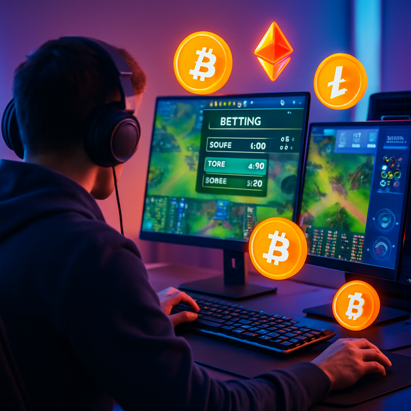 Gamer aan high-end gaming-pc live wedden met crypto en esports achtergrond