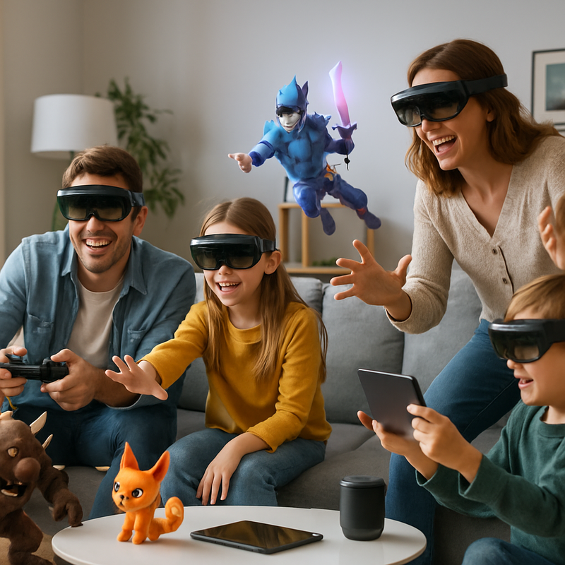Familie speelt een AR-game in de woonkamer met virtuele beelden en echte meubels