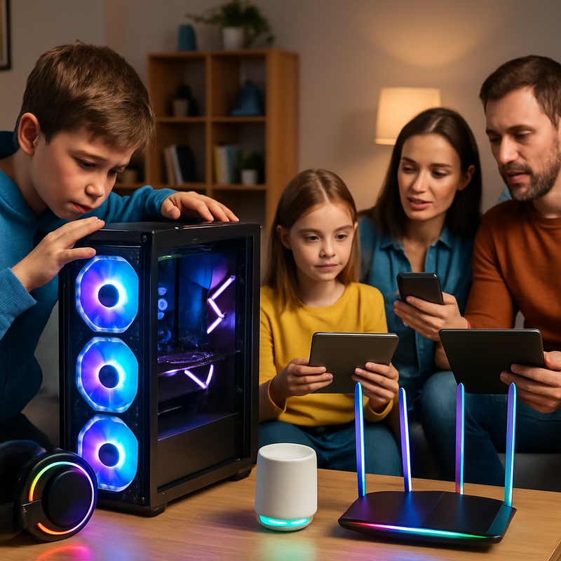 Familie installeert een gaming-pc en bespreekt beveiligingsgadgets in moderne woonkamer