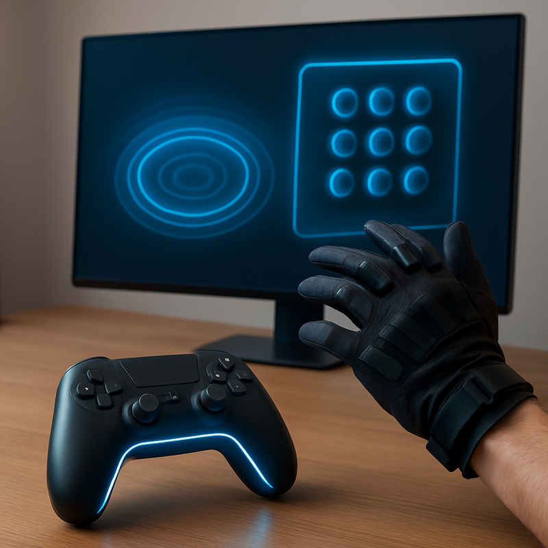 High-tech haptische gaming controller, VR haptic glove en voelbaar touchscreen in moderne gamekamer