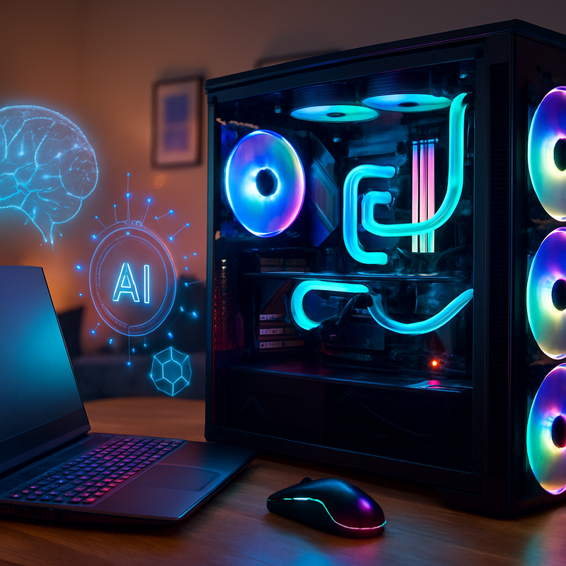 Gaming-pc met vloeistofkoeling en RGB-verlichting in een huiskameromgeving, benadrukt AI-integratie en innovatie