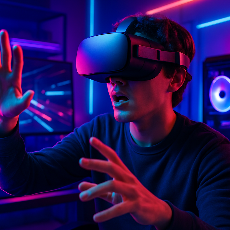 Persoon met VR-headset en handtracking in high-end gaming-omgeving