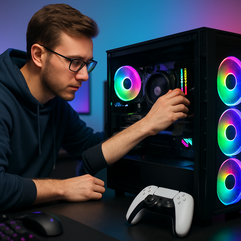 Gamer die een gaming-pc met ARGB-fans en een Sony DualSense controller installeert, verlicht door RGB-licht