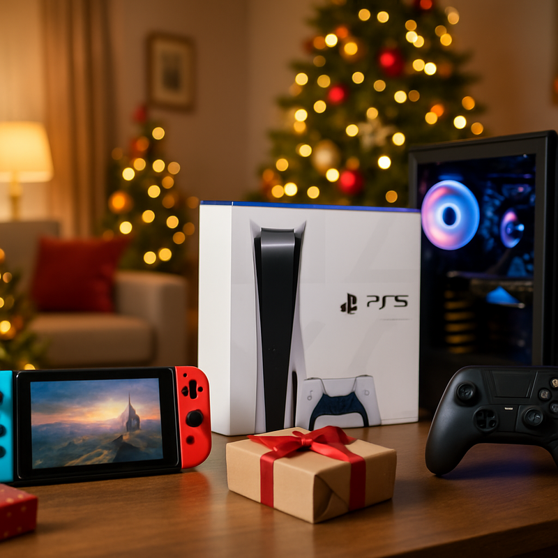 Een moderne gaming setup met Nintendo Switch 2, PlayStation 5 bundel en accessoires in een gezellige huiskamer met kerstdecoratie
