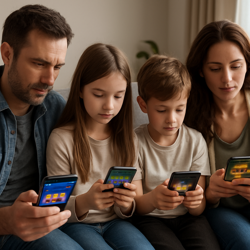 Familie die mobiele games speelt op smartphones, uitgaven onder controle houdend