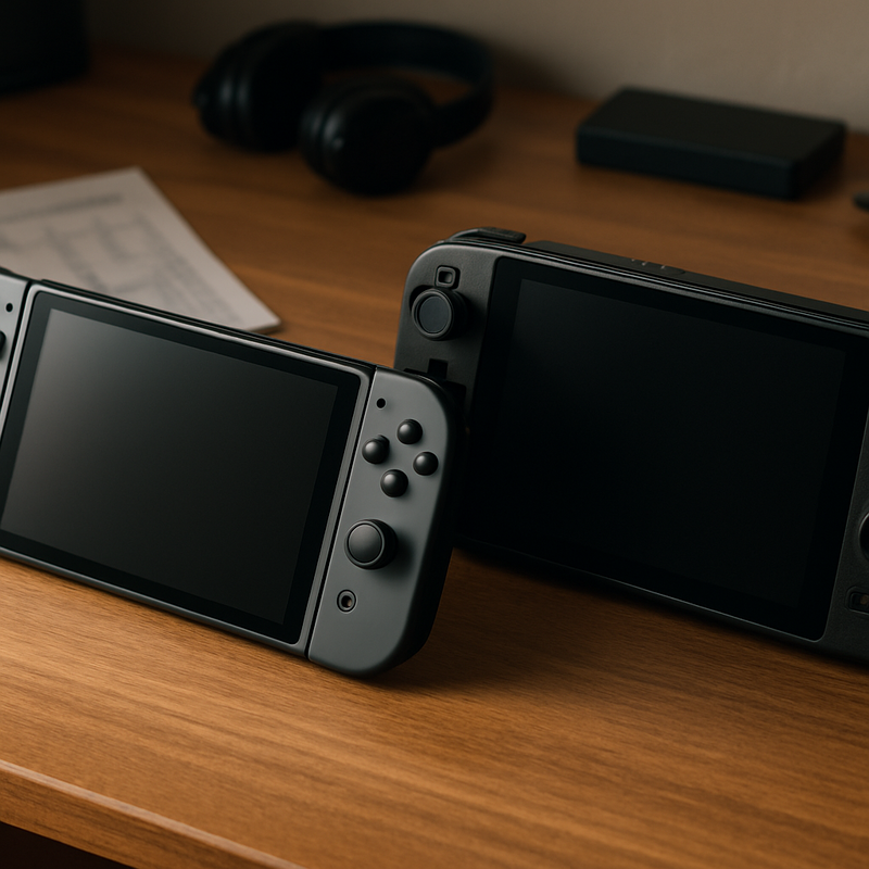 Nintendo Switch 2 naast handheld gaming pc met gaming accessoires op bureau