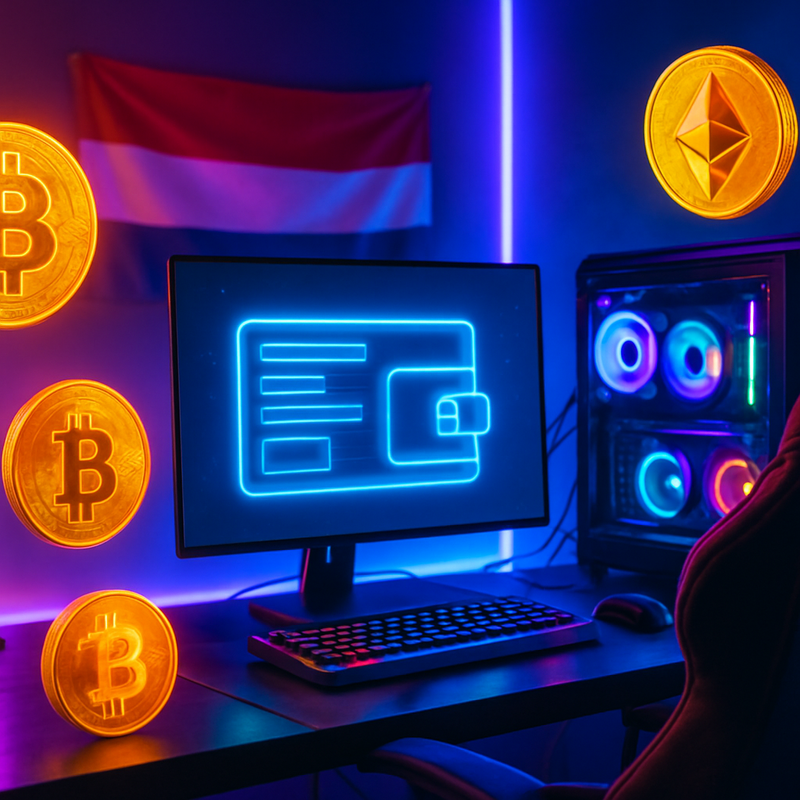 Futuristisch gaming setup met crypto symbolen en Nederlandse vlag op de achtergrond