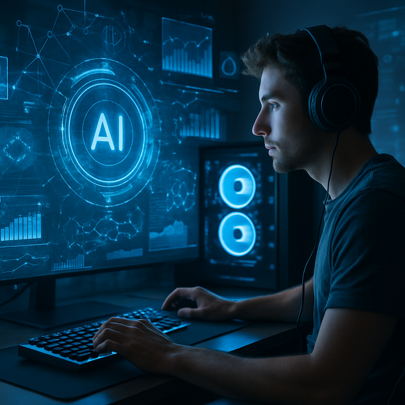 Gamer achter krachtige pc met holografische AI-elementen die gaming en financiële impact tonen