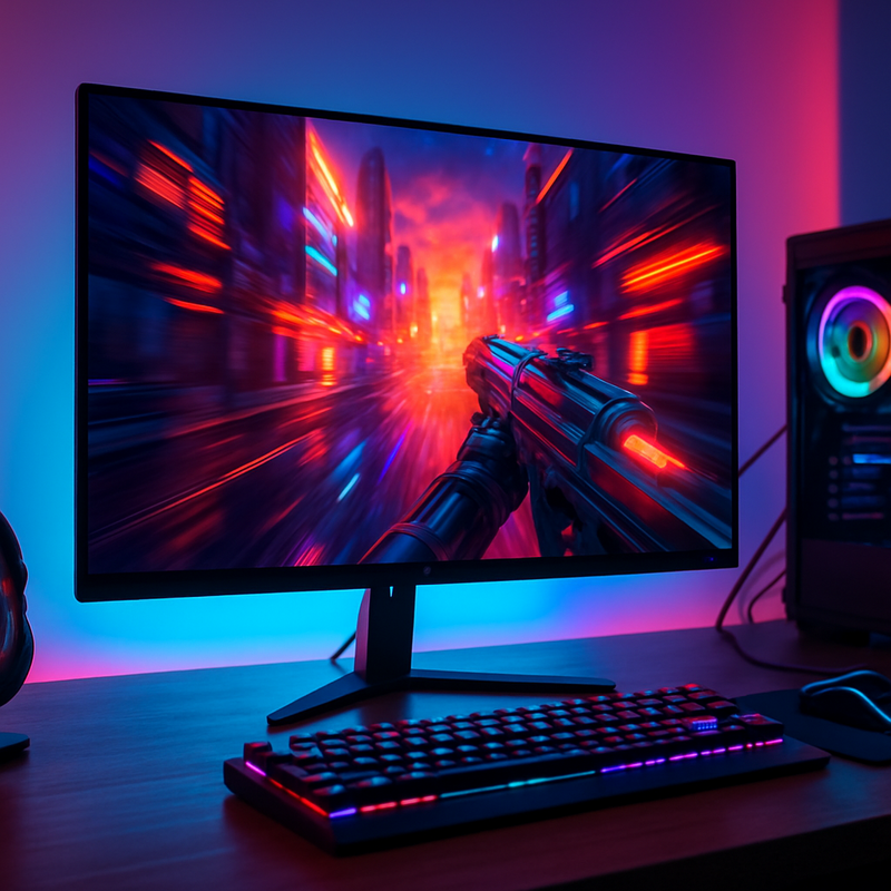 Sfeervolle gaming monitor toont een helder en scherp 5K gamebeeld in een moderne setup