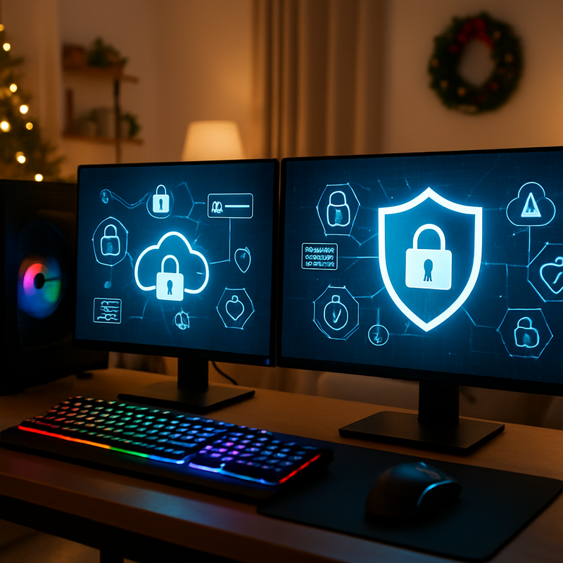 Gaming-pc met cybersecurity iconen op beeldscherm en feestelijke achtergrond