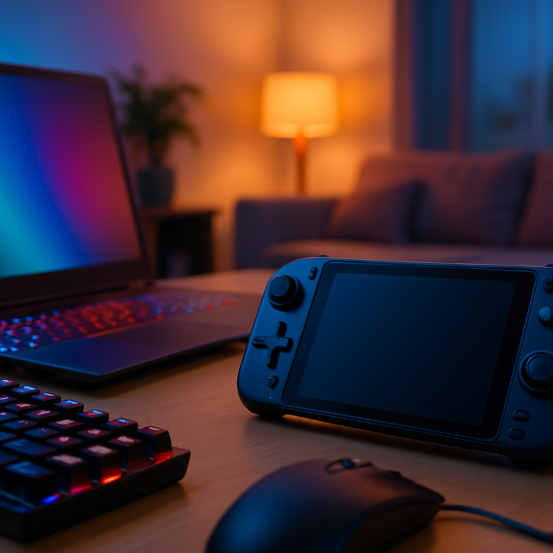 Gaming handheld en laptop met accessoires op bureau, symboliseert esports en financiële impact.