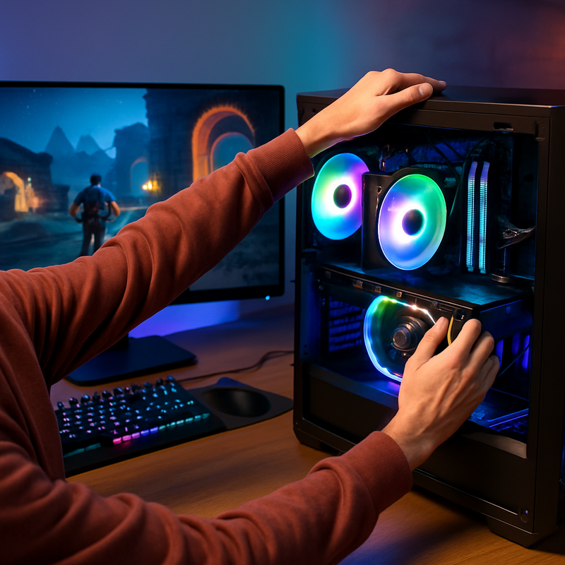 Refurbished gaming pc met dual monitors en RGB verlichting in moderne gamekamer