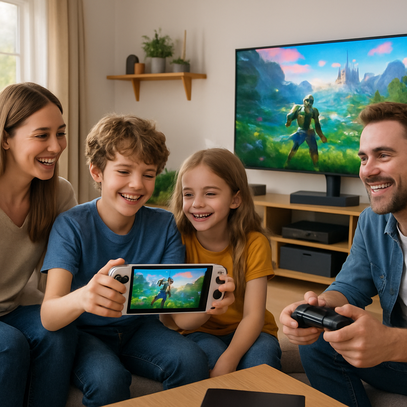 Gezin gamet samen met handheld en smart-tv via cloudgaming