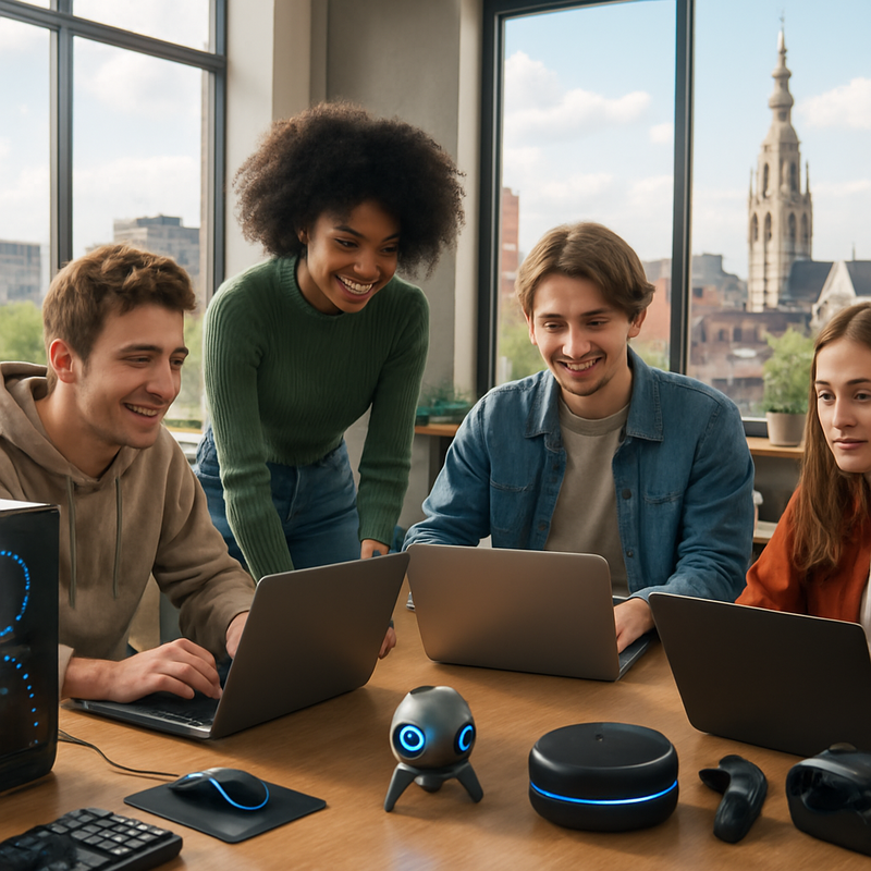 Moderne werkruimte met jonge game-ontwikkelaars en gaming hardware in Breda