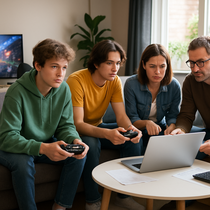 Nederlandse familie gamend samen met laptop en console, focus op budgetbeheer
