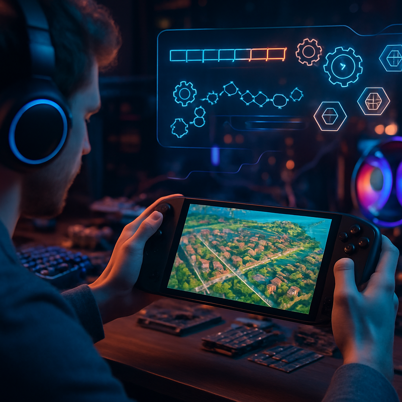 Gamer speelt city builder op handheld gaming pc met digitale graphics van gameontwikkeling en blockchain