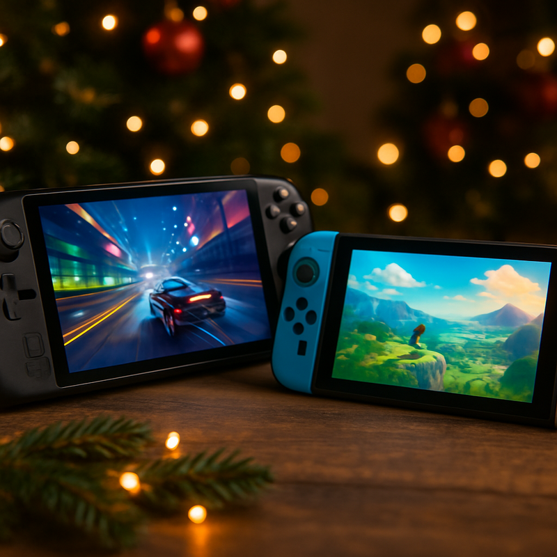 Handheld gaming PC en Nintendo Switch 2 samen op een tafel met kerstdecoraties