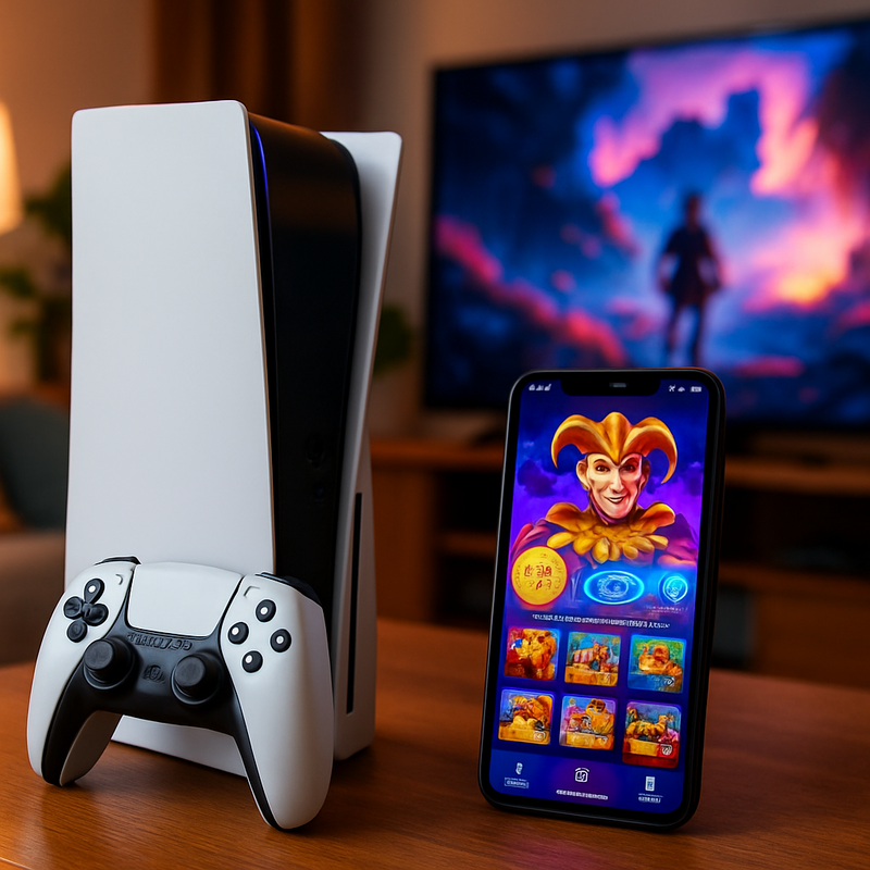 High-end console naast mobiele telefoon met crypto-casino app in huiselijke setting