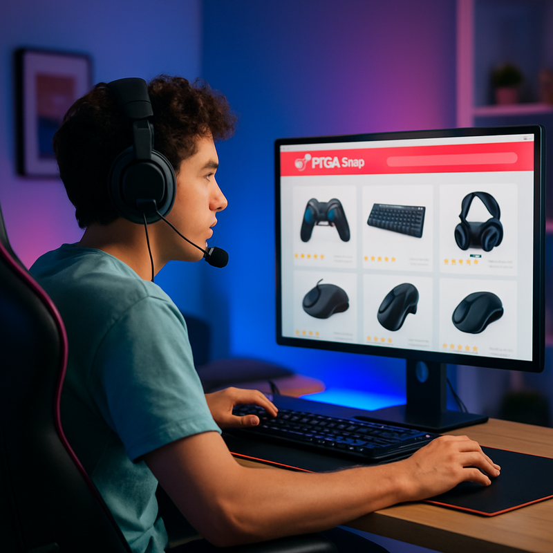 Jonge gamer met headset voor gamingcomputer bekeek TikTok Shop met gaming gadgets