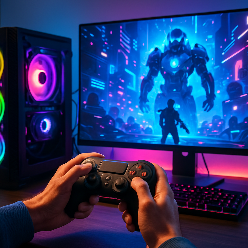 Gamer met controller voor een krachtige gaming-pc met kleurrijke verlichting en futuristische gamebeelden.