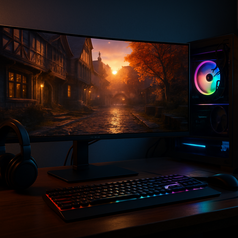 Gaming setup met high-end PC, ultrawide OLED monitor en gamingrandapparatuur