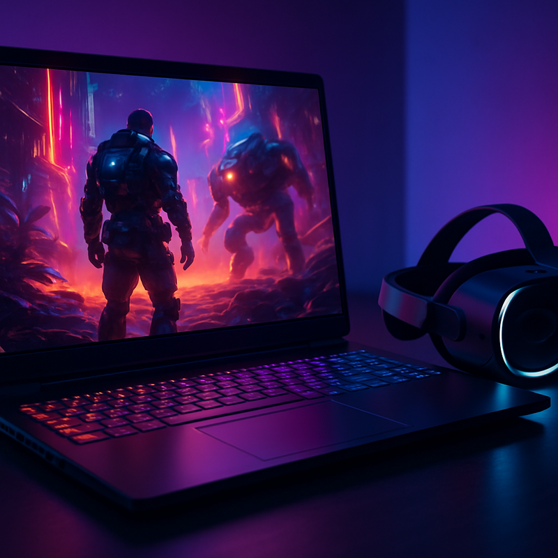 Gaming laptop en VR headset met levendige AI-animaties op het scherm