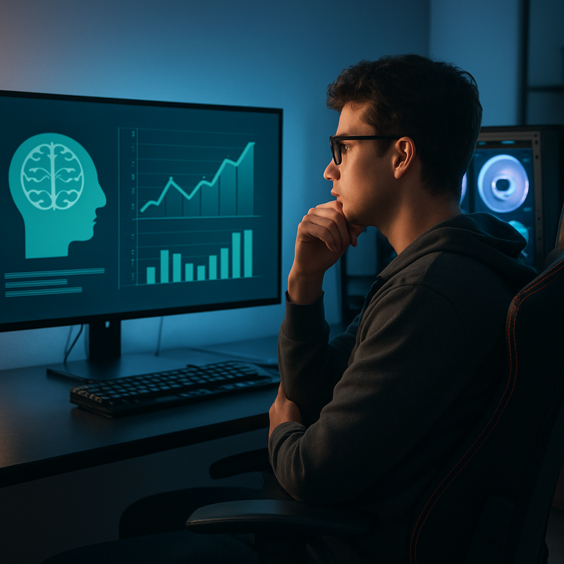 Een gamer neemt pauze bij een geavanceerde gaming setup met schermen die mentale gezondheid en budgetinformatie tonen.