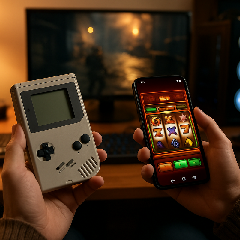 Persoon met retro console en smartphone met online casino game, moderne gaming setup op de achtergrond