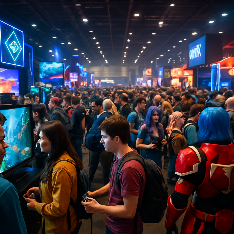 Bezoekers op een druk gaming event in een conventiehal met gaming gadgets en cosplay.