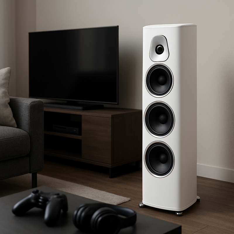 Matwitte Sonus faber Sonetto G2 speaker in een moderne woonkamer met gaming- en bioscoopapparatuur