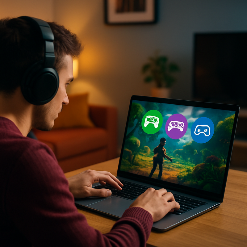 Gamer speelt op mid-range laptop met gamingabonnementen zichtbaar op het scherm