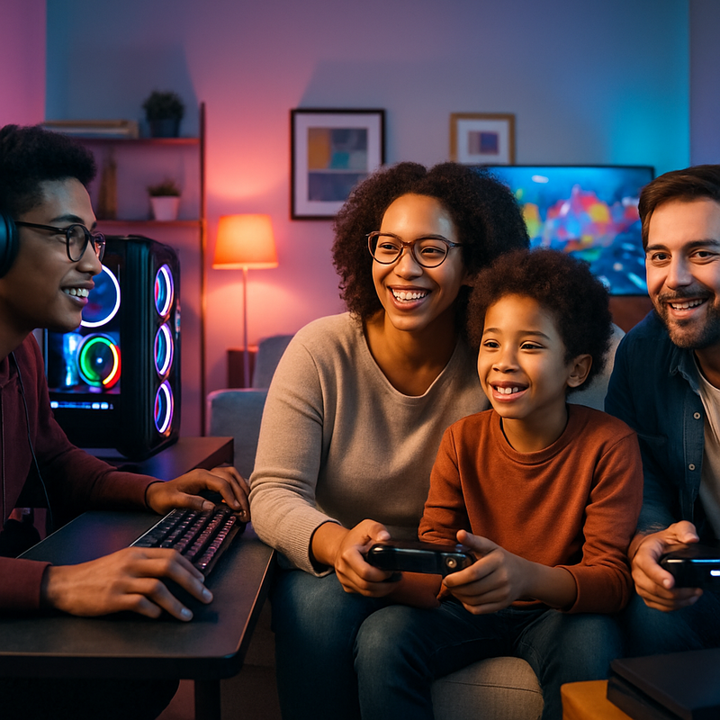 Gezin dat samen gamet op moderne computers met verlichting, symbool voor technologie en menselijke connectie