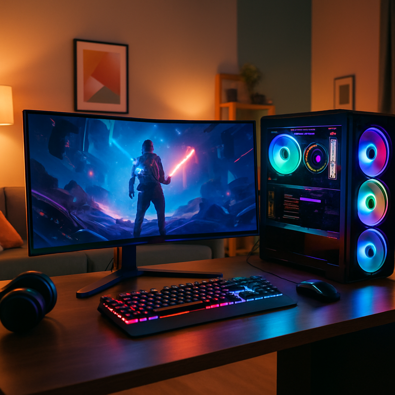 Moderne gaming setup met RGB-verlichting en ultrawide monitoren in woonkamer