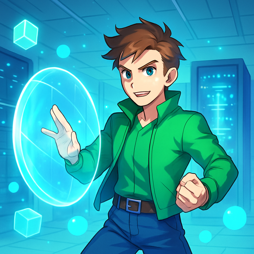 Een anime-stijl illustratie van een mannelijke dataheld in een futuristisch datacenter, die met een energisch schild zwevende data beschermt en servers snel laat 'respawnen'.