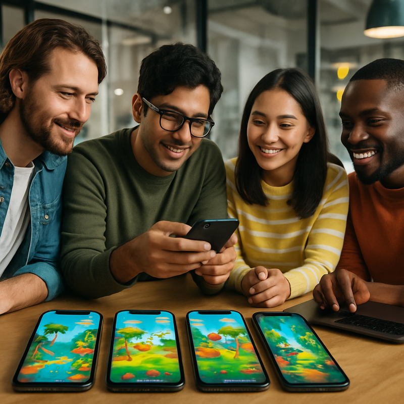 Jonge game-ontwikkelaars werken samen in moderne kantoorruimte met mobiele games op schermen