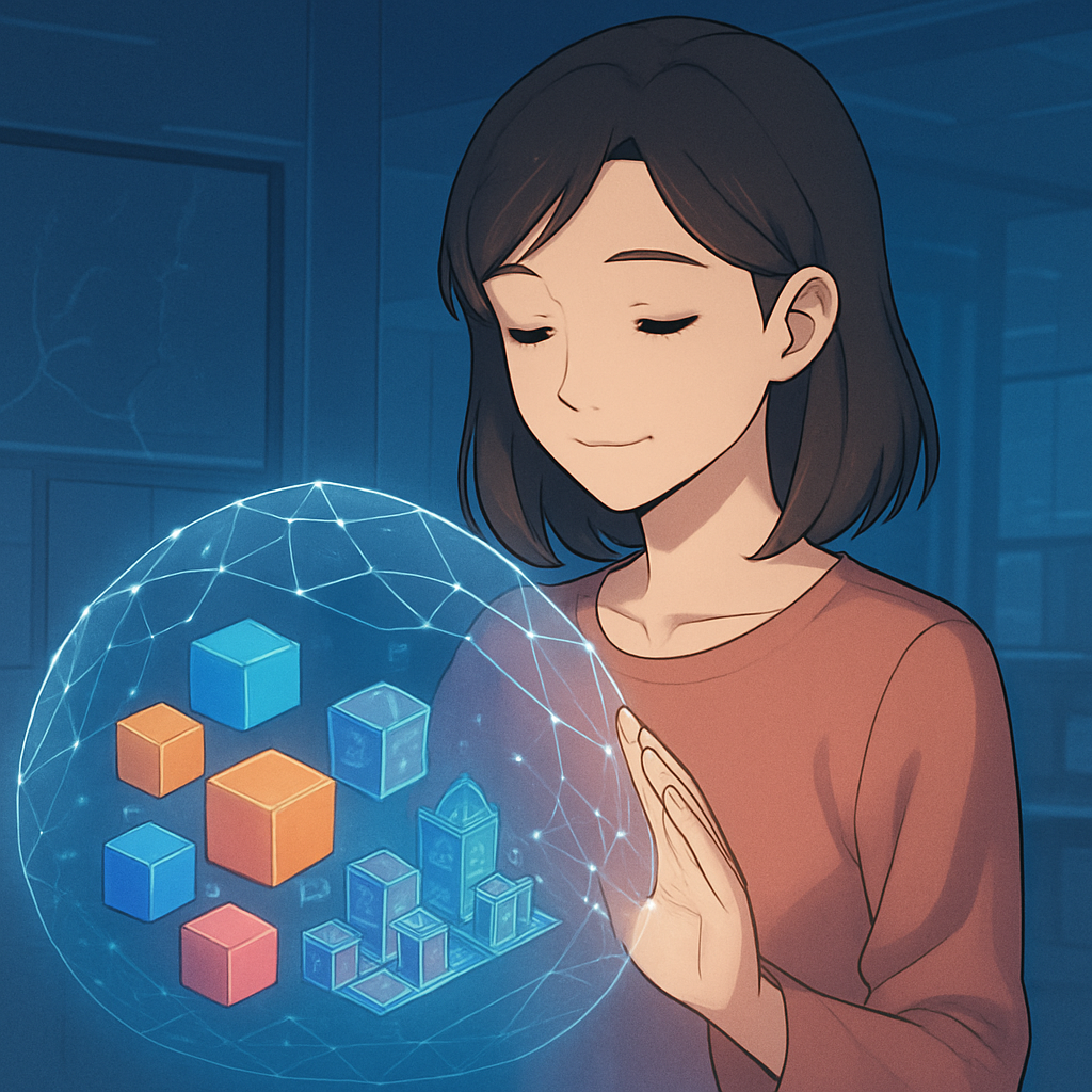 Een jonge vrouw, glimlachend, in een digitale omgeving. Ze kijkt naar zwevende, kleurrijke dataobjecten die door een subtiel lichtnet of schild worden beschermd. Op de achtergrond is vaag een gebroken scherm te zien, wat het belang van back-ups benadrukt.