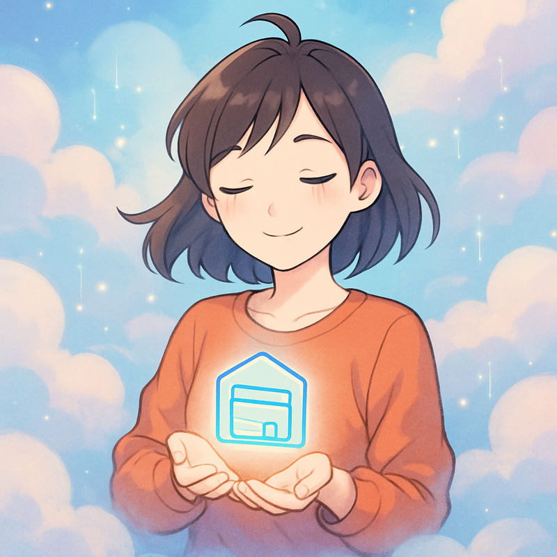 Een anime-illustratie van een vrolijke vrouw die vredig zweeft tussen zachte digitale wolken. Ze houdt een kleine, gloeiende, minimalistische server-icoon vast, wat het concept van online hosting vertegenwoordigt. Lichte, pastelkleurige gloed omringt haar en de wolken.
