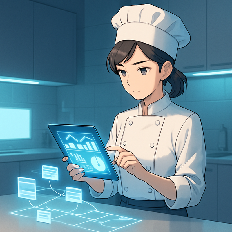 Anime-stijl afbeelding van een digitale chef-kok die data-analyse uitvoert met een tablet in een futuristische keuken, omringd door holografische website-elementen.