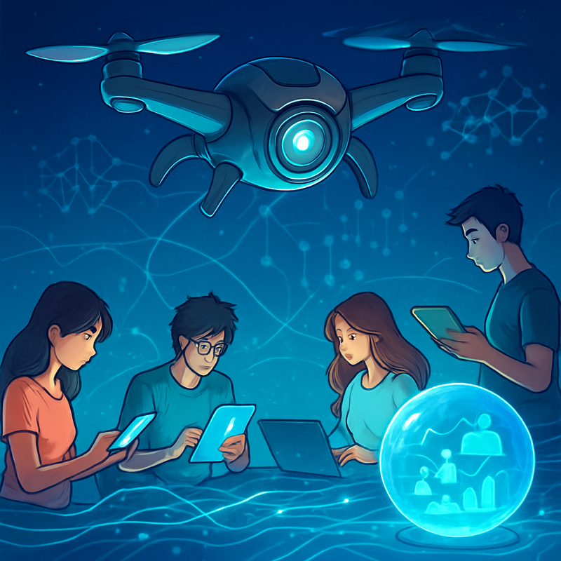 Een futuristische drone in anime-stijl zweeft boven een digitaal landschap. Verschillende gebruikers op mobiel, tablet en laptop zijn zichtbaar, verbonden door datastromen. Op de achtergrond zijn machine learning elementen en een kristallen bol die toekomstige gebruikerspatronen toont.