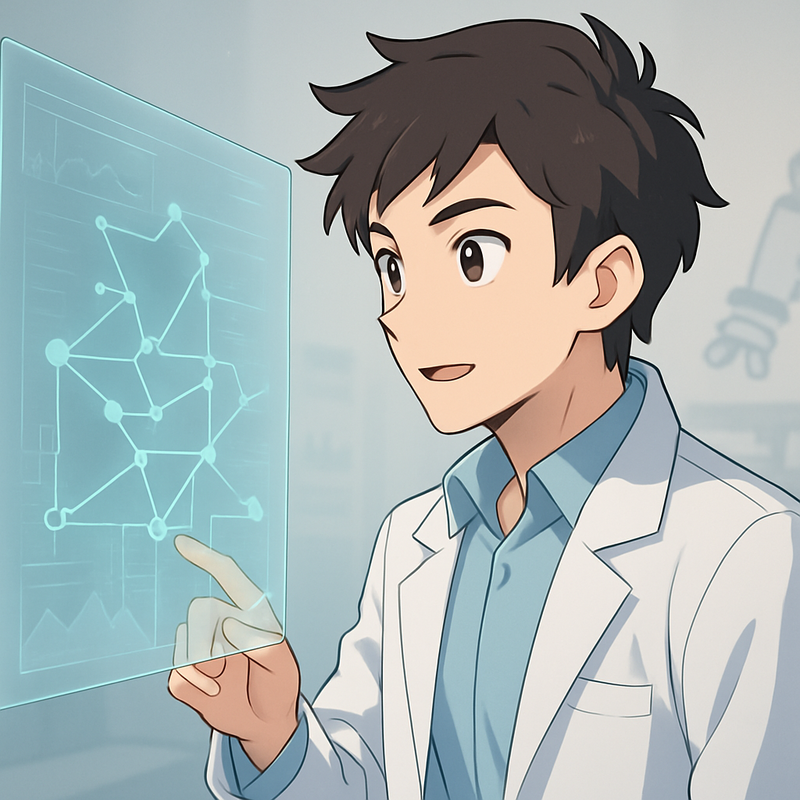 Een anime-stijl illustratie van een mannelijke onderzoeker in een laboratoriumjas, geconcentreerd kijkend naar een zwevend, interactief holografisch scherm. Het scherm toont een complex netwerk van paden en gegevenspunten, die gebruikersnavigatie en interacties op een website symboliseren. De scene straalt focus en technologische analyse uit.