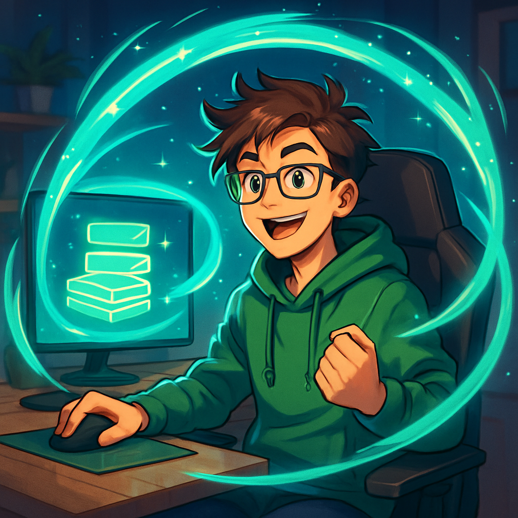 Een geanimeerde jonge man zit ontspannen in een gamestoel, omringd door vloeibare, beschermende datastromen die een schild vormen. Hij kijkt tevreden naar een scherm waarop back-ups automatisch worden beheerd, symbolisch voor geavanceerde databescherming.