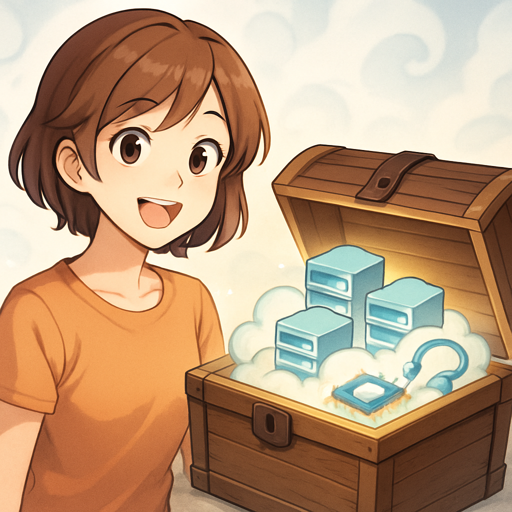 Een vrolijke Merel van Rijn in anime-stijl kijkt nieuwsgierig naar een open schatkist waaruit gestileerde, zacht gloeiende cloudserver-elementen tevoorschijn komen.