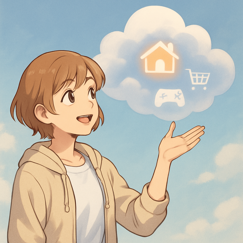 Een anime-afbeelding van een vrolijke jonge vrouw met kort haar, Merel, die naar een zwevende, zachte wolk reikt. In de wolk zijn kleine, oplichtende iconen te zien van een huis, een winkelwagentje en een gamecontroller, die digitale projecten symboliseren.