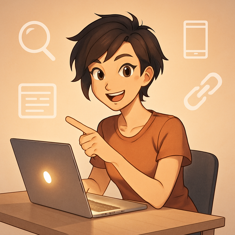 Een anime-stijl illustratie van een glimlachende vrouw met korte, stijlvolle haren die achter een laptop zit. Ze wijst naar het scherm en is omringd door subtiele icoontjes die zoekwoordenonderzoek, mobiele optimalisatie, websitecontent en linkbuilding symboliseren. De achtergrond is zacht en minimalistisch.