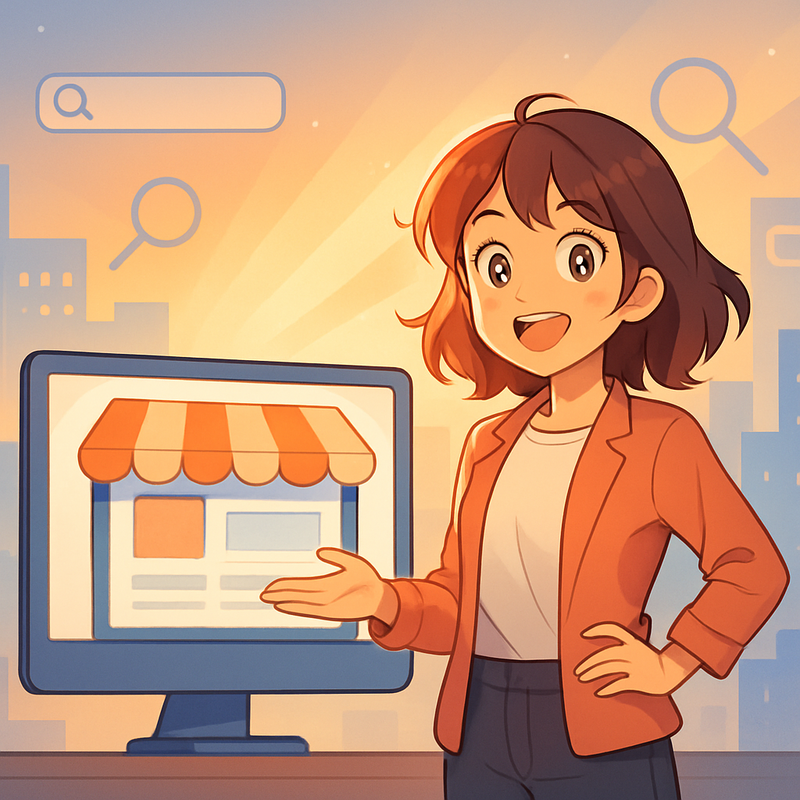 Een anime-illustratie van een jonge, glimlachende ondernemer die trots staat naast een digitaal winkelfront (een helder verlichte computerscherm). Op de achtergrond is een abstracte digitale stadsgezicht te zien met zwevende zoekbalk-symbolen, en lichtstralen die naar de ondernemer en haar website wijzen, wat online zichtbaarheid en succes symboliseert.