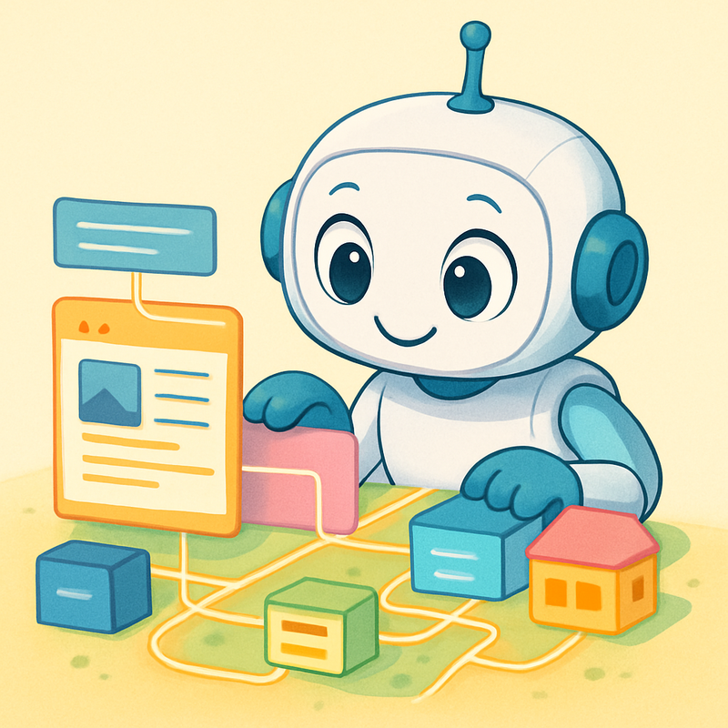 Een illustratie in anime-stijl van een glimlachende, vriendelijke robot met een vergrootglas die een kleurrijke, goed georganiseerde website overziet, met gloeiende lijnen die verbindingen en belangrijke sleutelwoorden aanduiden. De website lijkt een open boek of een speels landschap, zonder tekst of cijfers.